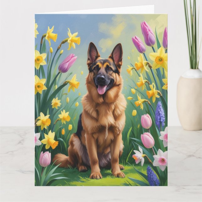 Cartão Cachorro Pastor Alemão Pintura de Flores de Primav (Frente)