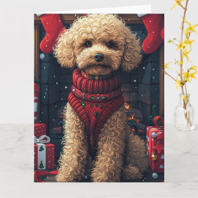 Cartão Cachorro Poodle com Presentes de Natal Lareira (Flor Amarela)