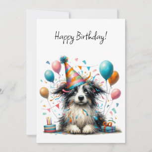 Cartão Cachorro Preto e Branco em um Chapéu de Festa de A