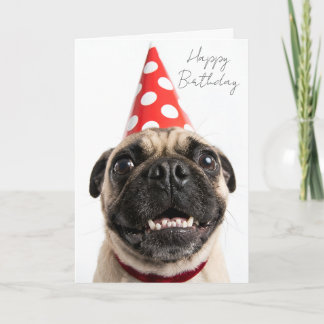 Cartão Cachorro Pug Fofo de Aniversário com Chapéu Vermel