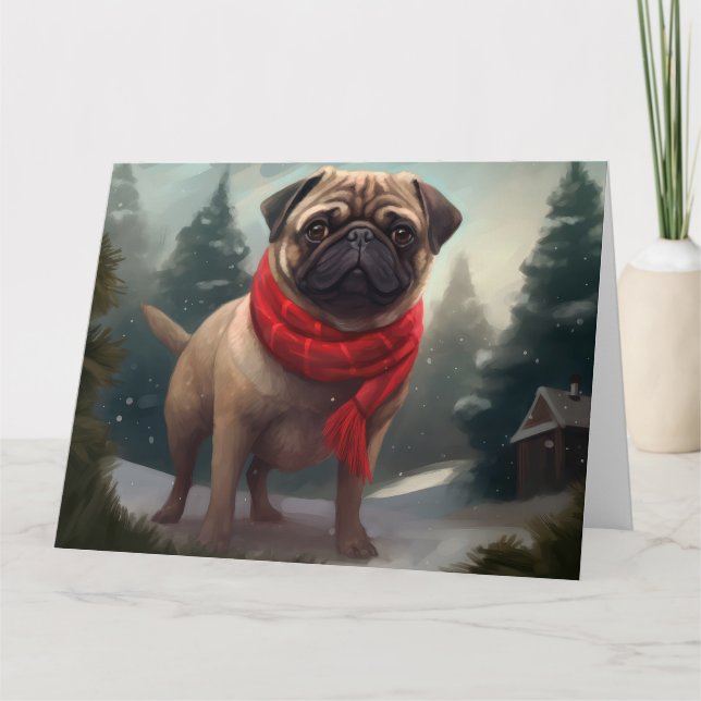 Cartão Cachorro Pug na Neve Natal (Frente)