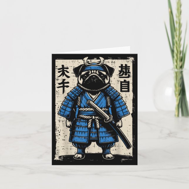 Cartão Cachorro Pug Samurai Guerreiro Japonês Engraçado A (Frente)