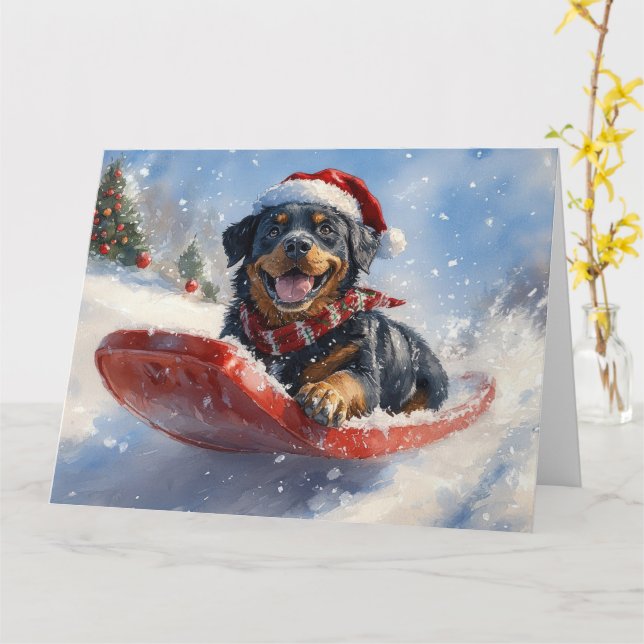 Cartão Cachorro Rottweiler no Trenó Deixe Nevar Natal (Flor Amarela)
