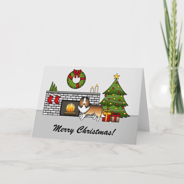 Cartão Cachorro Sable Sheltie Em Uma Sala De Natal & Text (Frente)