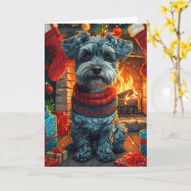 Cartão Cachorro Schnauzer Com Presentes De Natal Lareira (Flor Amarela)