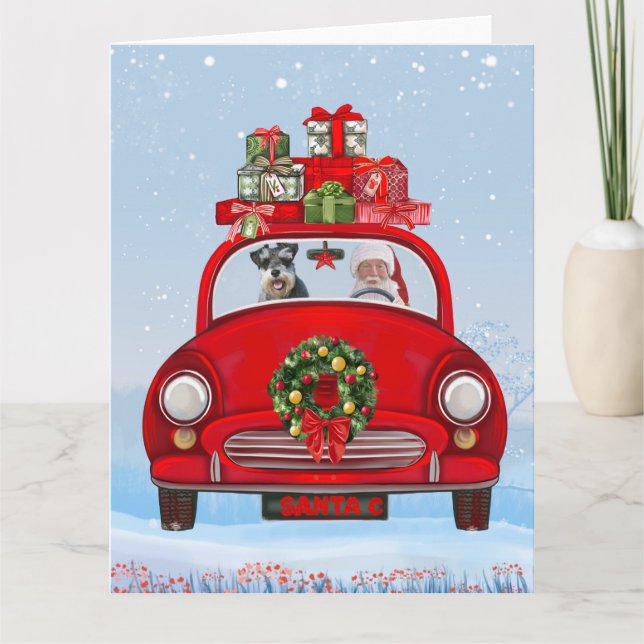 Cartão Cachorro Schnauzer no carro com Papai Noel (Frente)