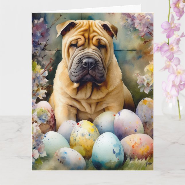 Cartão Cachorro Shar Pei com Feriado de Ovos de Páscoa (Orquídea)