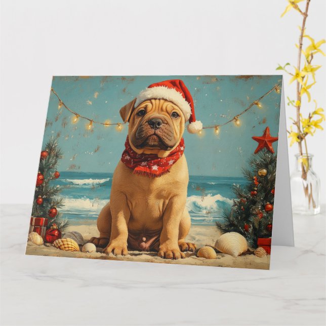 Cartão Cachorro Shar Pei Natal Vintage Praia (Flor Amarela)