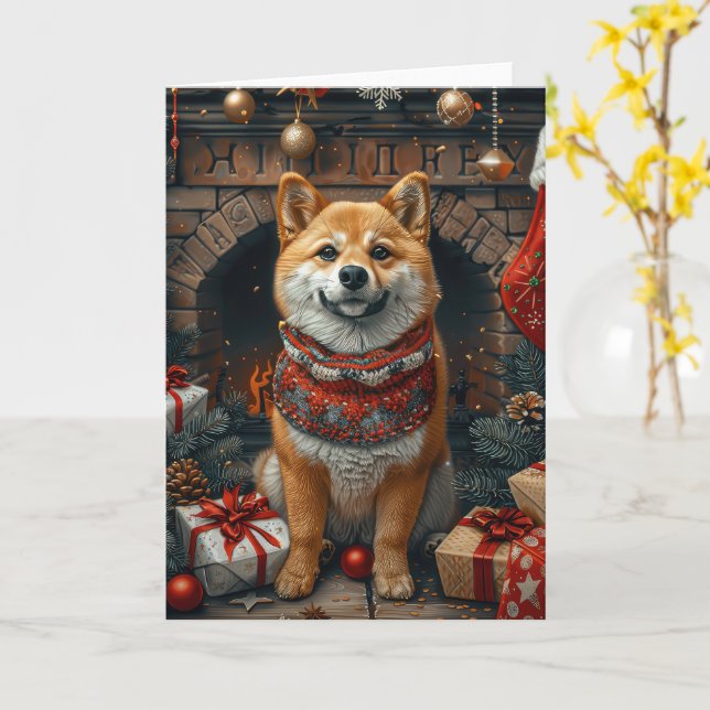Cartão Cachorro Shiba Inu Com Lareira De Presentes De Nat (Flor Amarela)