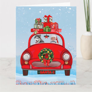 Cartão Cachorro Siberiano Husky No Carro Com Papai Noel