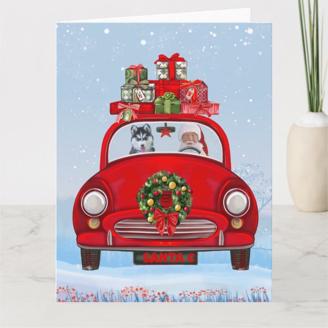 Cartão Cachorro Siberiano Husky No Carro Com Papai Noel (Frente)