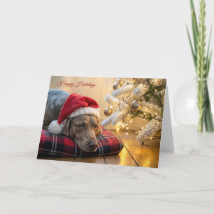 Cartão Cachorro Weimaraner de Natal ao Pé de uma Árvore