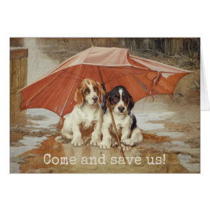 Cartão Cachorros de basset sob o guarda-chuva CC0190