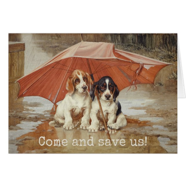 Cartão Cachorros de basset sob o guarda-chuva CC0190 (Frente Horizontal)