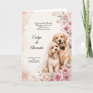 Cartão Cachorros de Casamento Fofos com Floral de Aquarel