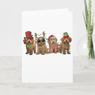 Cartão Cachorros Goldendoodle Fofos Luzes de Natal Golden