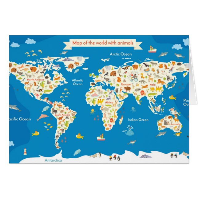 Cartão Caçoa o mapa do mundo com animais (Frente Horizontal)