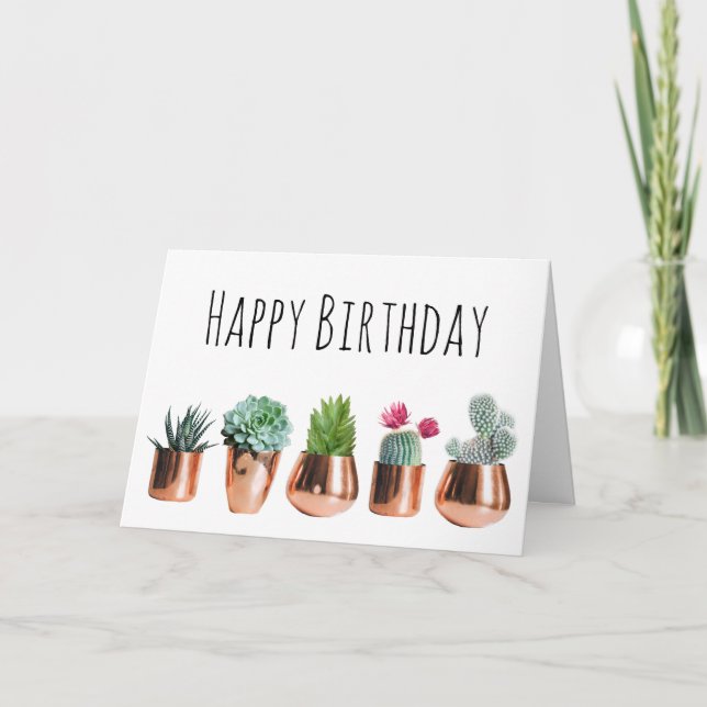 Cartão Cactus e Succults em Potes Rosa Dourados Aniversár (Frente)