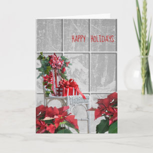Cartão Cadeira de Natal com poinsettia na janela