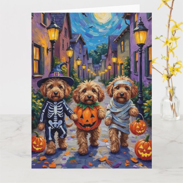 Cartão Cães Cockapoo Fantasia de Halloween Fazendo Traves (Flor Amarela)