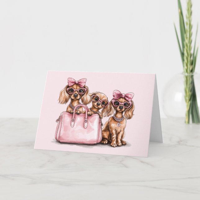 Cartão Cães de Dachshund Fashionáveis, Bolsa Rosa (Frente)