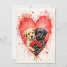 Cartão Cães encantadores corações de São Valentim e rosas