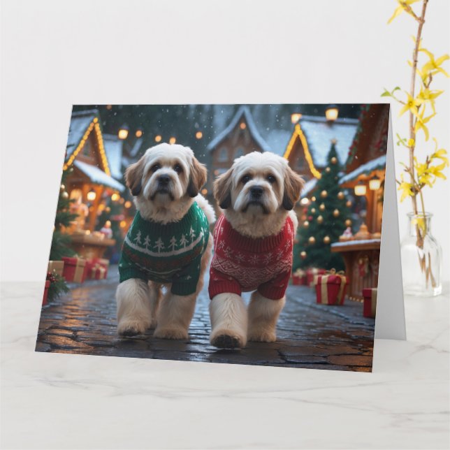 Cartão Cães Lhasa Apso Natal Neve Férias (Flor Amarela)