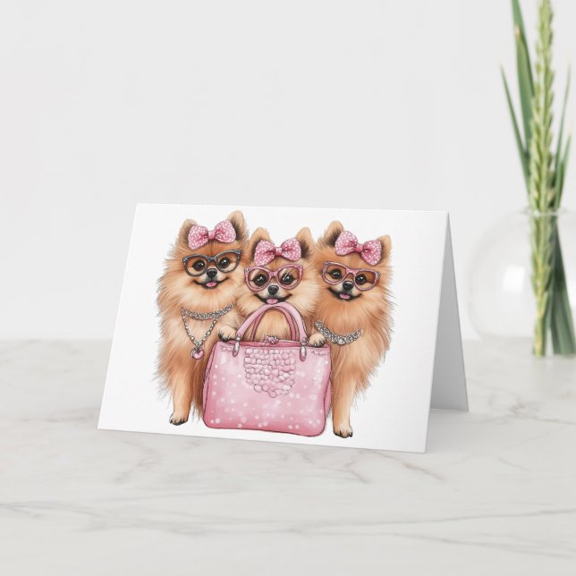 Cartão Cães Pomeranianos Fashionáveis, Bolsa Rosa (Frente)