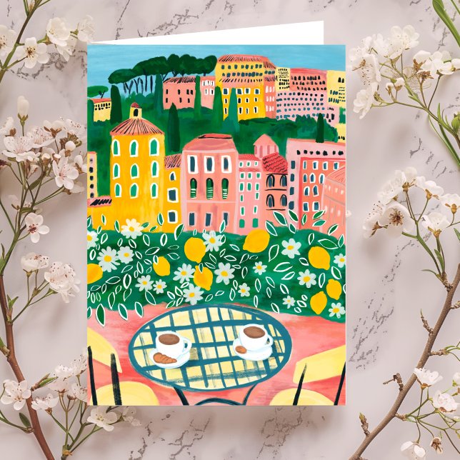 Cartão Café da manhã na pintura de Terrace Whimsical City (Breakfast on the Terrace Whimsical City Gouache Painting Travel Home Europe View Card
)
