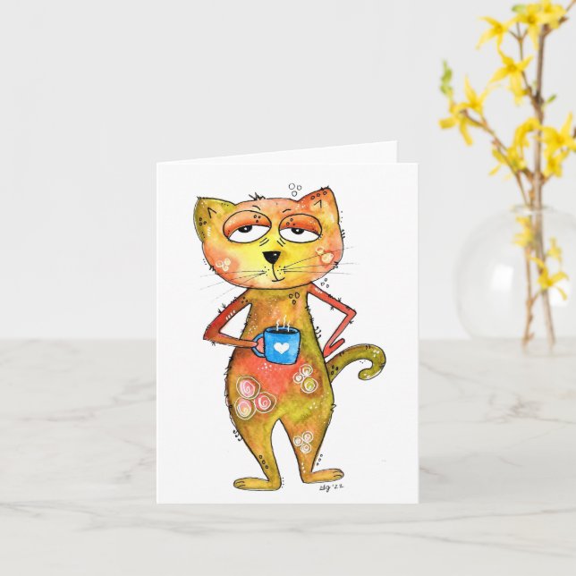 Cartão Café de Bebendo de Gato Bravo Centeado (Flor Amarela)