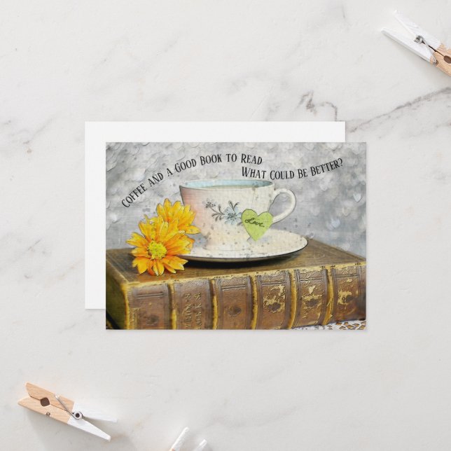Cartão Café de folga e um bom livro para ler (Frente/Verso In Situ)