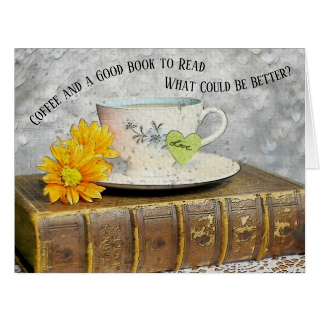 Cartão Café de folga e um bom livro para ler (Frente horizontal)