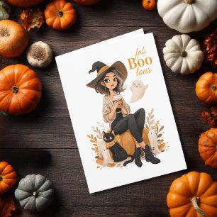 Cartão Café de Gata da Bruxa & Abóbora Halloween Fofo