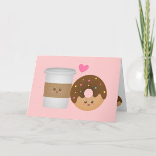 Cartão Café Kawaii e Donut apaixonados, Par Perfeito