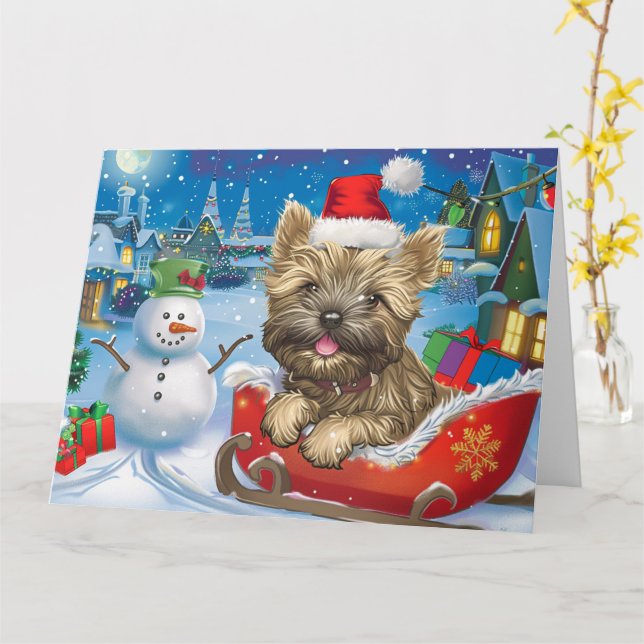 Cartão Cairn Terrier Dog no Natal de Sleigh Snow (Flor Amarela)