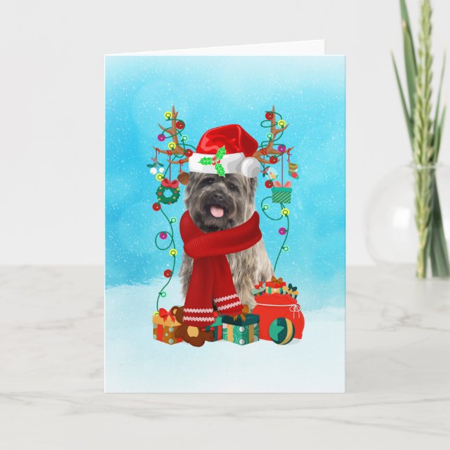 Cartão Cairn Terrier na neve com presentes de Natal (Frente)
