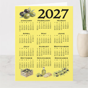 Cartão Calendário 2027, Azeitonas Mediterrâneas. Amarelo