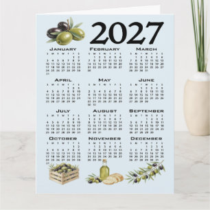 Cartão Calendário 2027, Azeitonas Mediterrâneas, Azul