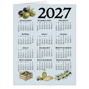 Cartão Calendário 2027, Azeitonas Mediterrâneas, Azul