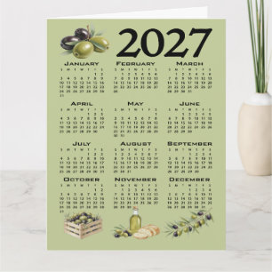 Cartão Calendário 2027, Azeitonas Mediterrâneas, Verde
