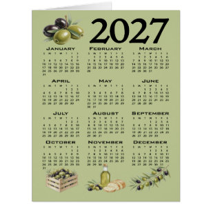 Cartão Calendário 2027, Azeitonas Mediterrâneas, Verde