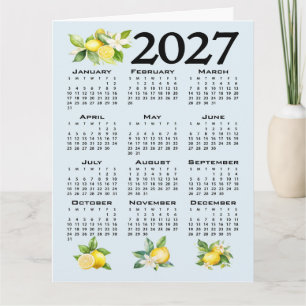 Cartão Calendário 2027 Estilo Italiano Limões Fundo Azul