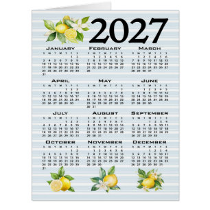 Cartão Calendário 2027 Estilo Italiano Limões Listras Azu