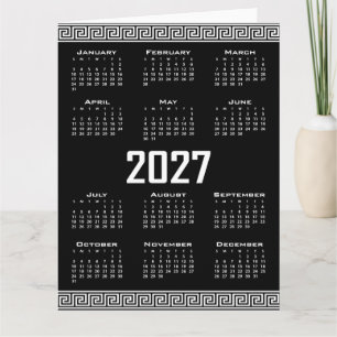 Cartão Calendário 2027, Fretagem Grega, Branco no Preto