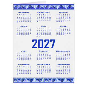 Cartão Calendário 2027, Fretwork Grego, Azul Grego sobre