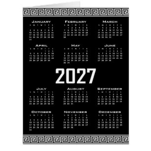 Cartão Calendário 2027, Fretwork Grego, Branco no Preto