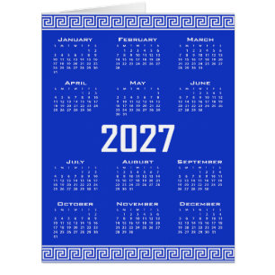 Cartão Calendário 2027, Fretwork Grego, Branco sobre Azul