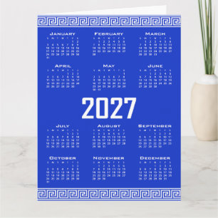 Cartão Calendário 2027, Fretwork Grego, Branco sobre Azul