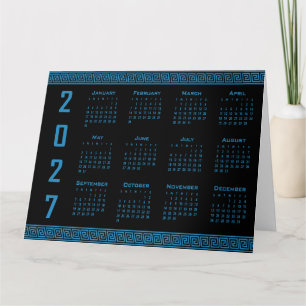 Cartão Calendário 2027, Fretwork Grego, Cosmos Azul no Pr