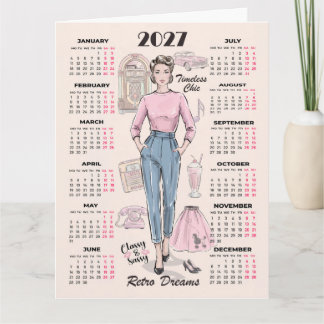 Cartão Calendário 2027 Sonhos Retro Saudação